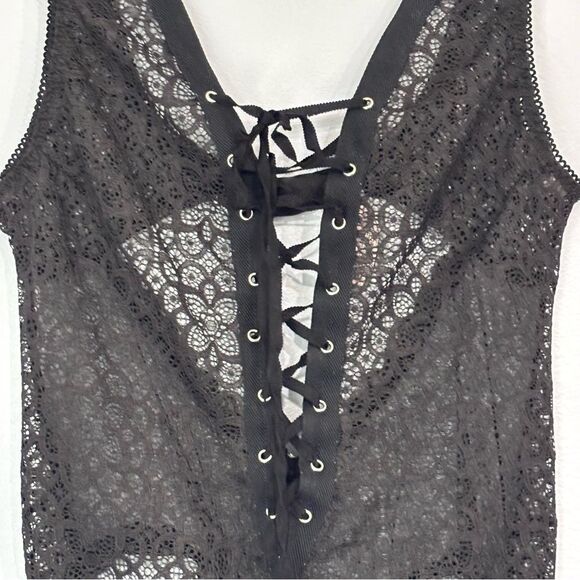 Victorias Secret | Dream Angels Sheer Black Lace Up Thong Teddy Bodysuit Medium - Picture 5 of 16